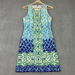 Lilly Pulitzer Perla Shift Dress Womens XS Blue Green Scale Back Stretch Comfort